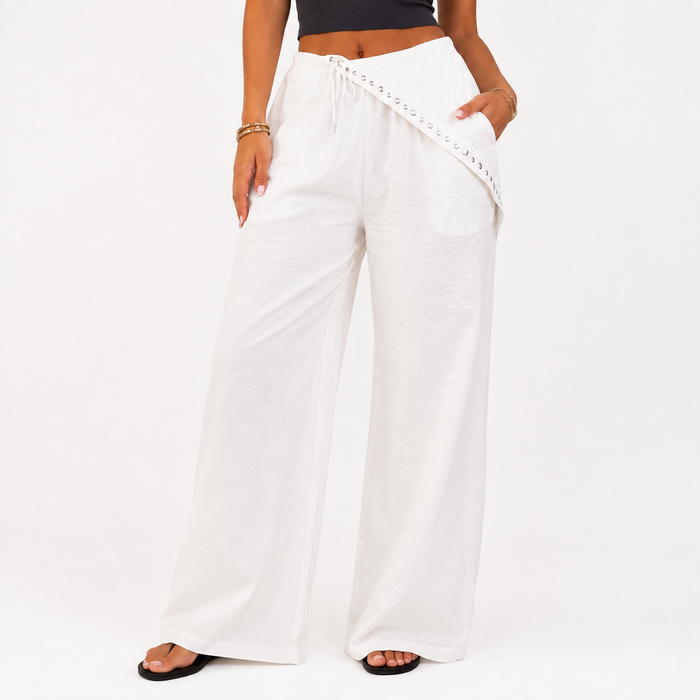 Women’s Wide-Leg Linen Pants with Studded Detail – Comfortable Casual Fit