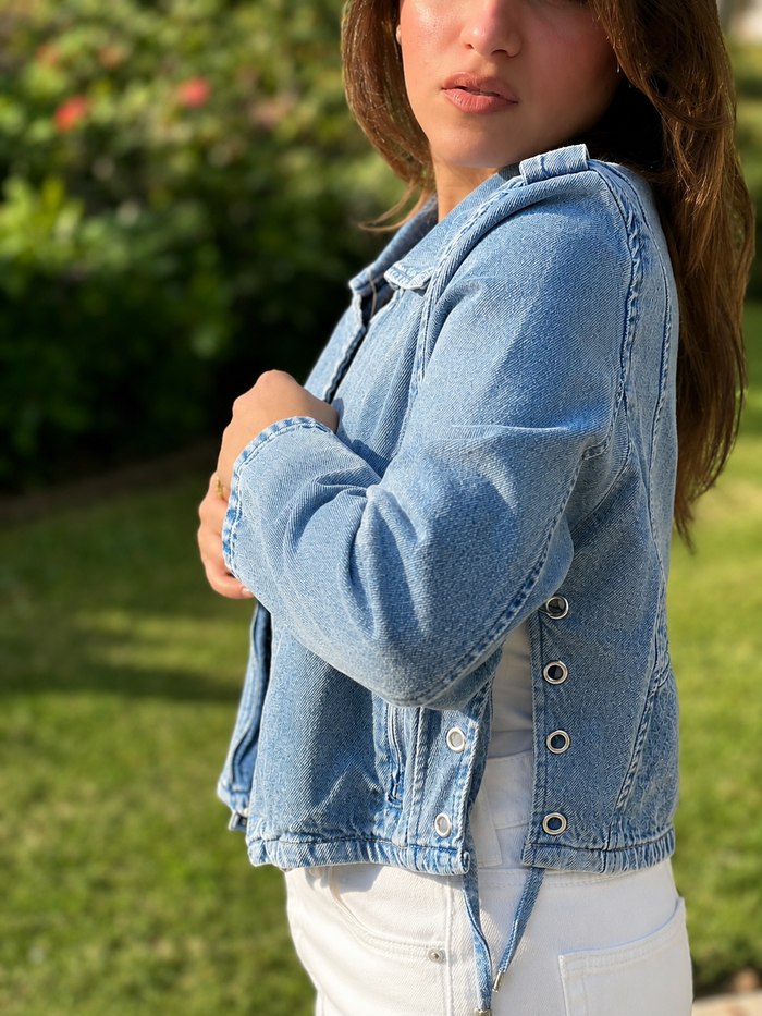 Women's Blue Cropped Denim Biker Jacket with Zipper