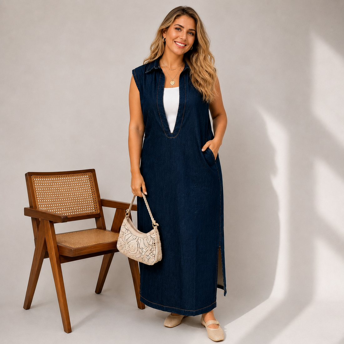 Dark Blue Sleeveless Denim Dress with Slits | Premium Denim