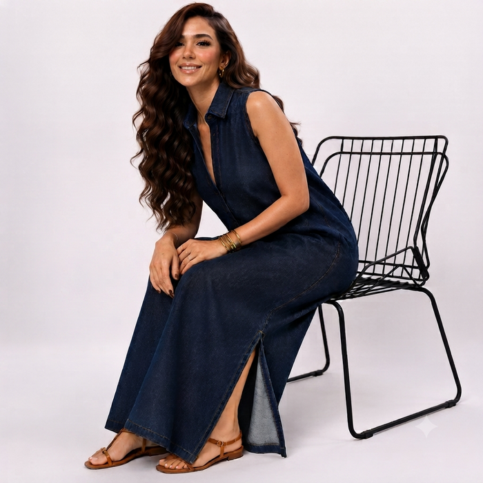 Dark Blue Sleeveless Denim Maxi Dress with Side Slits | Premium Cotton Denim