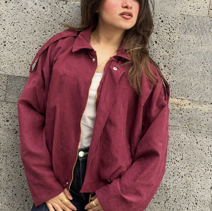 Long Sleeve Suede Jacket – Burgundy