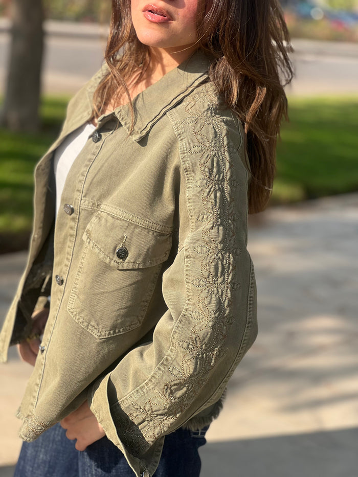 Kaki Embroided Gabardine Jacket