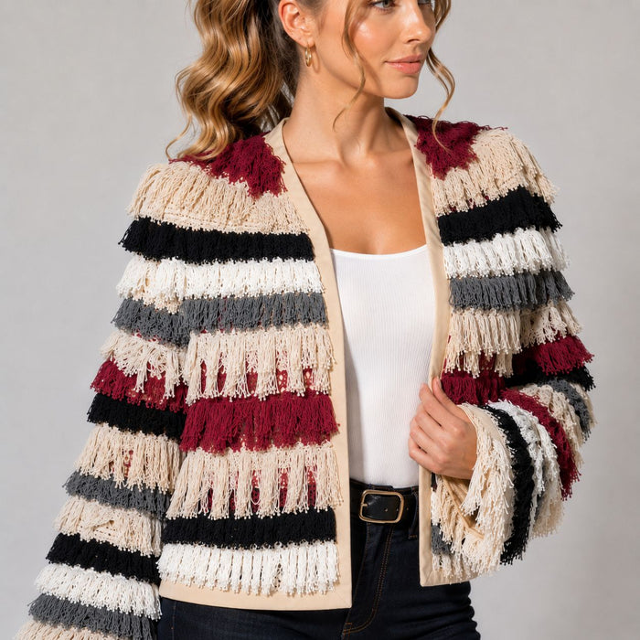 Multi-Color Striped Fringe Open-Front Jacket