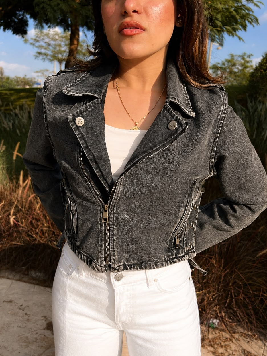 Cropped Jeans Jacket – Dark Grey & Blue